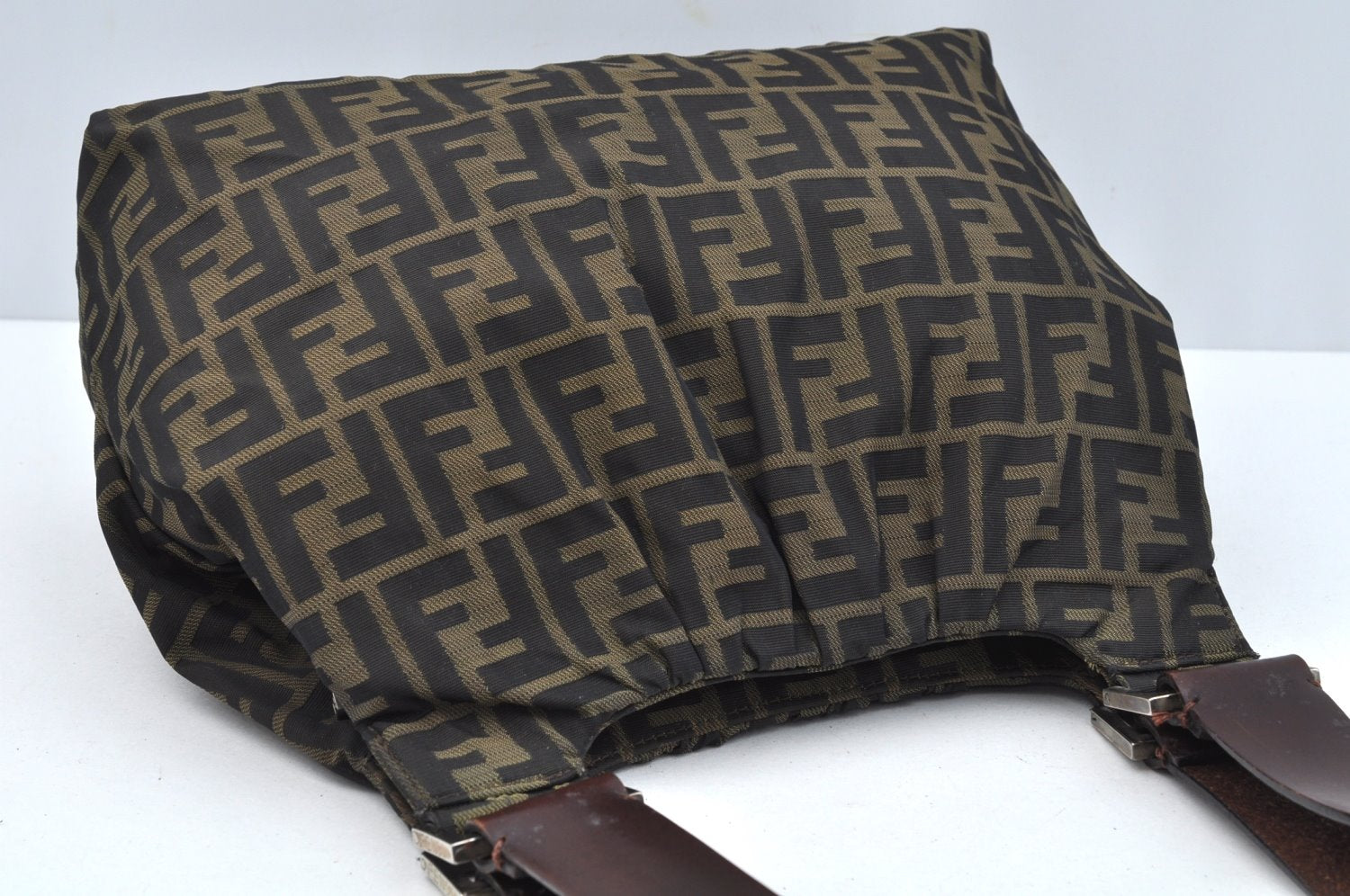 Authentic FENDI Zucca Vintage Shoulder Hand Bag Purse Nylon Leather Brown 2771J