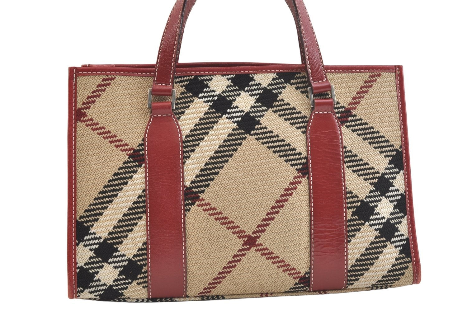 Authentic BURBERRY BLUE LABEL Check Shoulder Tote Bag Tweed Leather Beige 2771K