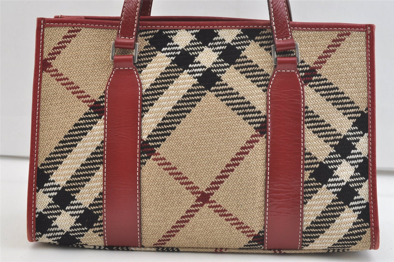 Authentic BURBERRY BLUE LABEL Check Shoulder Tote Bag Tweed Leather Beige 2771K