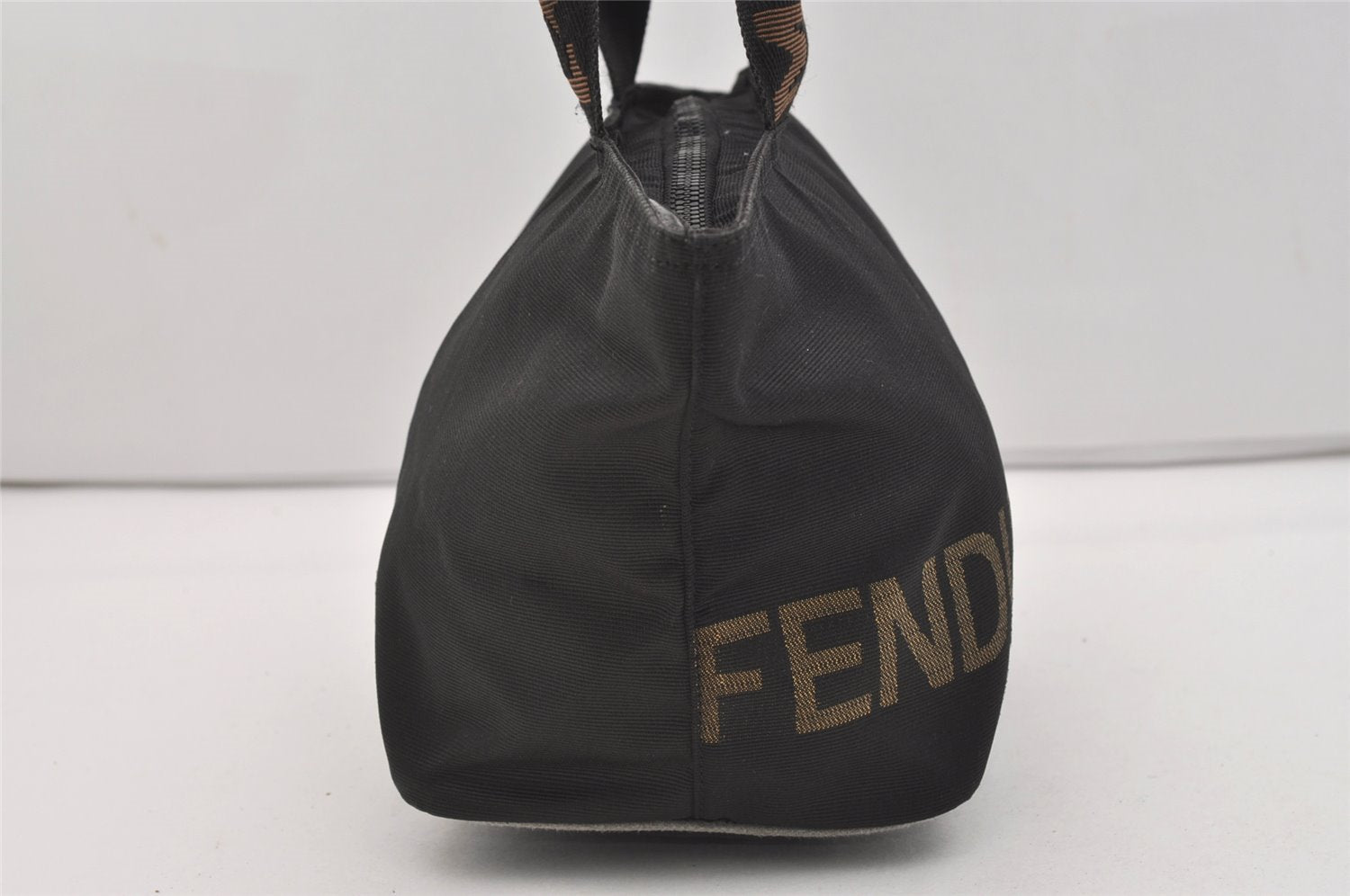 Authentic FENDI Vintage Hand Bag Purse Nylon Leather Black 2777J