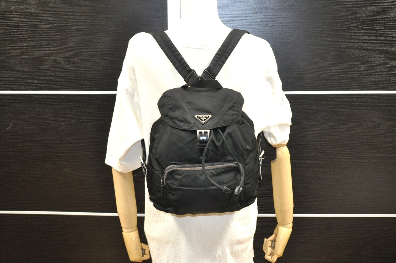 Authentic PRADA Vintage Nylon Tessuto Leather Backpack Purse Black 2778I