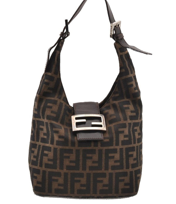 Authentic FENDI Zucca Shoulder Hand Bag Purse Canvas Leather Brown Black 2779I
