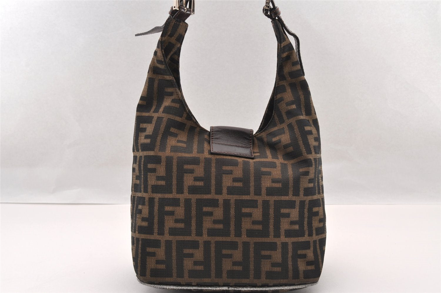Authentic FENDI Zucca Shoulder Hand Bag Purse Canvas Leather Brown Black 2779I