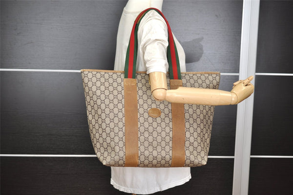 Authentic GUCCI Web Sherry Line GG Plus Tote Bag PVC Leather Brown Junk 2781I