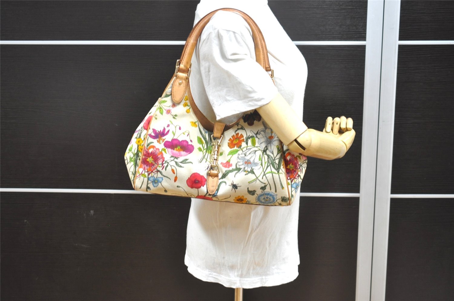 Authentic GUCCI Jackie Flora Shoulder Hand Bag Canvas Leather 145819 White 2784I