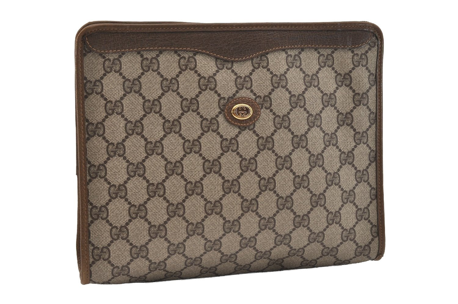 Authentic GUCCI Vintage Clutch Hand Bag Purse GG PVC Leather Brown Junk 2785J