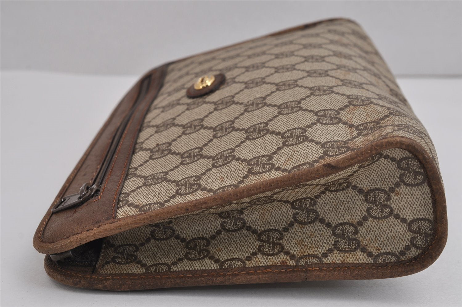 Authentic GUCCI Vintage Clutch Hand Bag Purse GG PVC Leather Brown 2788J