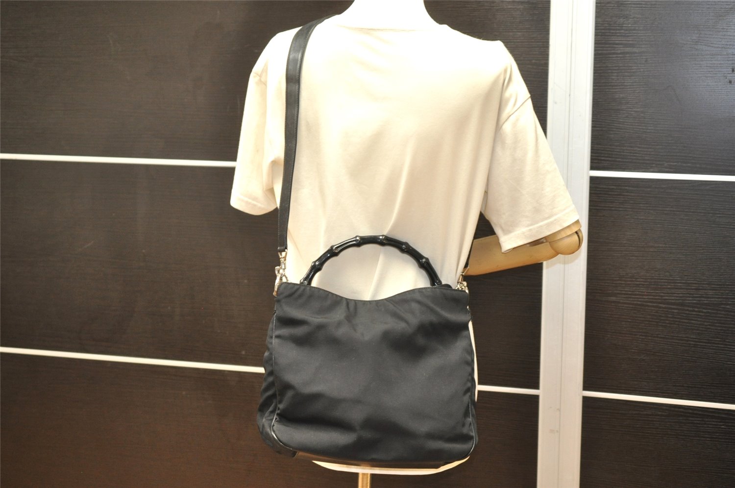 Authentic GUCCI Bamboo 2Way Shoulder Hand Bag Nylon Leather 0011638 Black 2789K