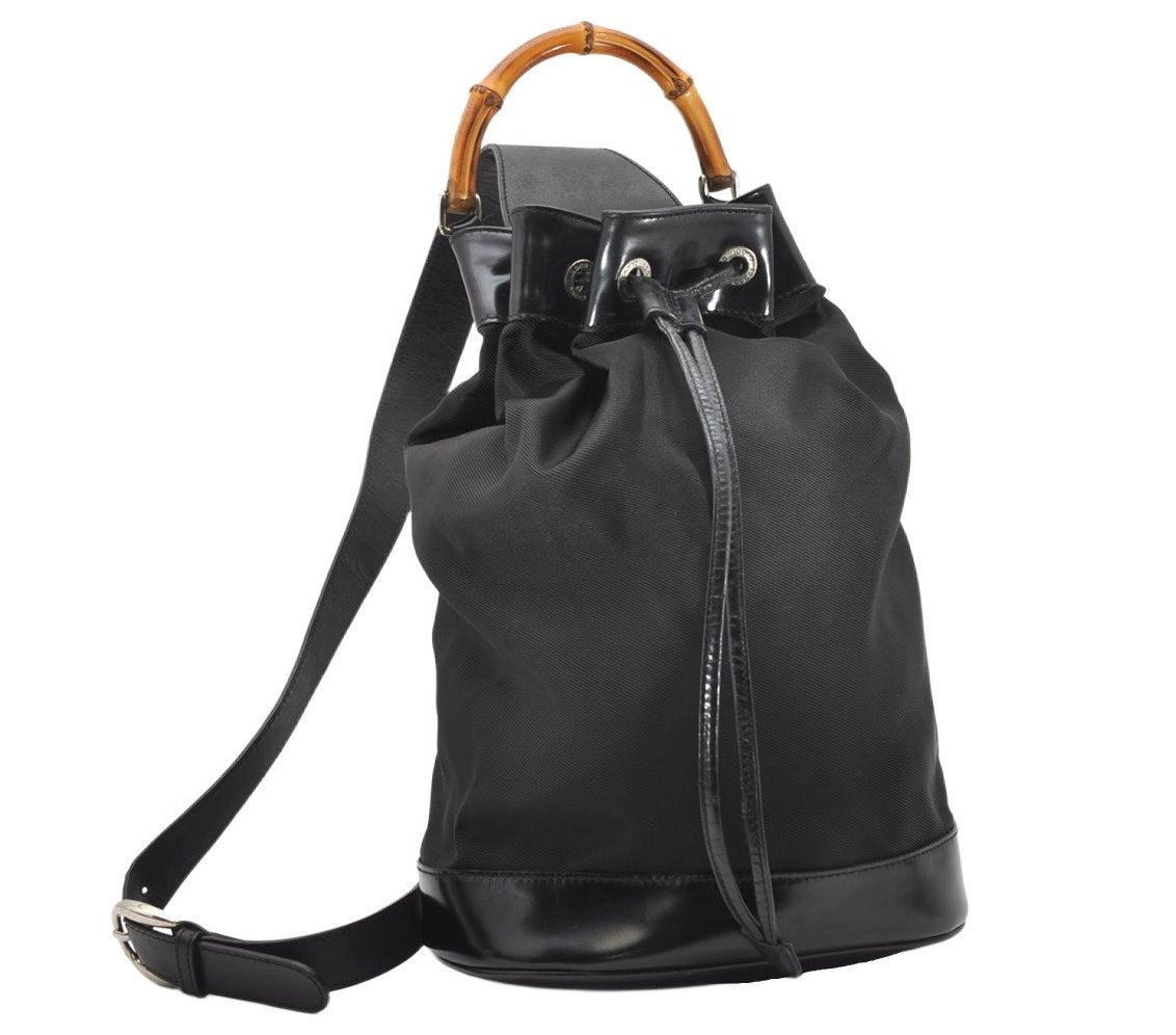 Authentic GUCCI Bamboo Shoulder Drawstring Bag Purse Nylon Leather Brown 2790K
