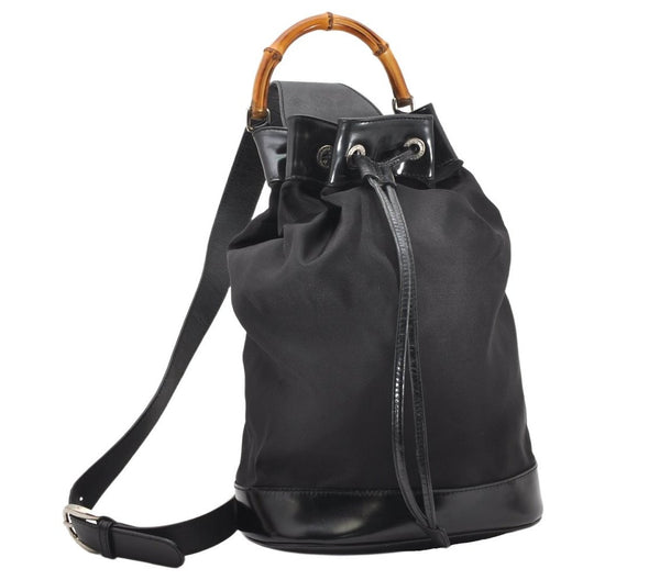 Authentic GUCCI Bamboo Shoulder Drawstring Bag Purse Nylon Leather Brown 2790K