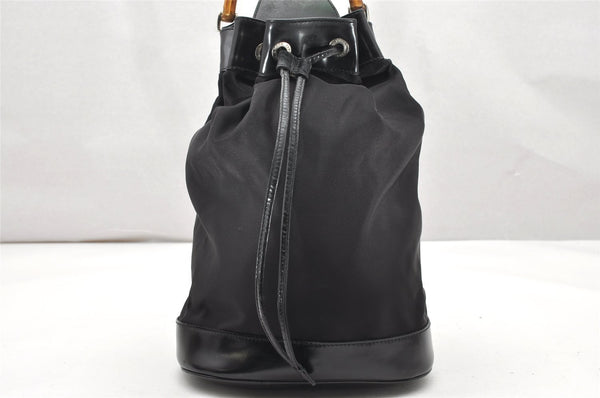 Authentic GUCCI Bamboo Shoulder Drawstring Bag Purse Nylon Leather Brown 2790K