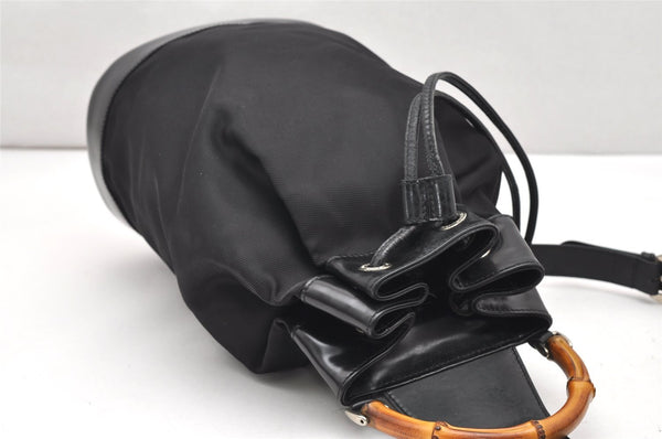 Authentic GUCCI Bamboo Shoulder Drawstring Bag Purse Nylon Leather Brown 2790K