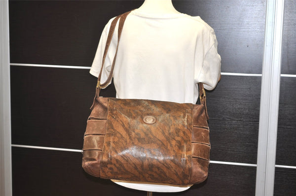 Authentic GUCCI Vintage Camouflage Shoulder Cross Body Bag Leather Brown 2794I
