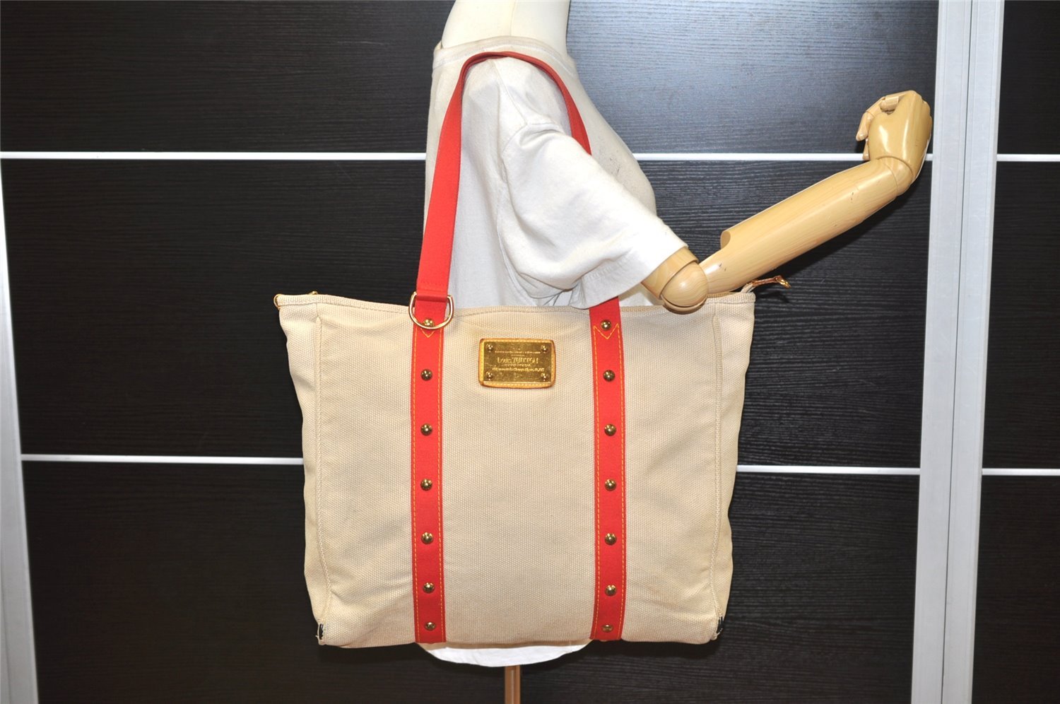 Authentic Louis Vuitton Antigua Cabas GM Tote Bag White Red M40032 LV 2794K