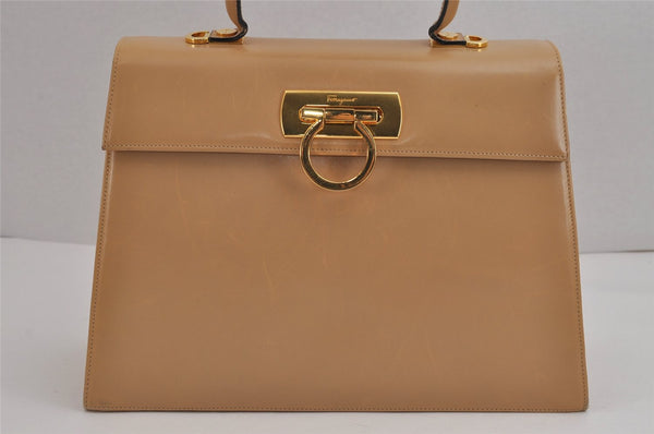 Authentic Salvatore Ferragamo Gancini Leather 2Way Shoulder Hand Bag Beige 2795J