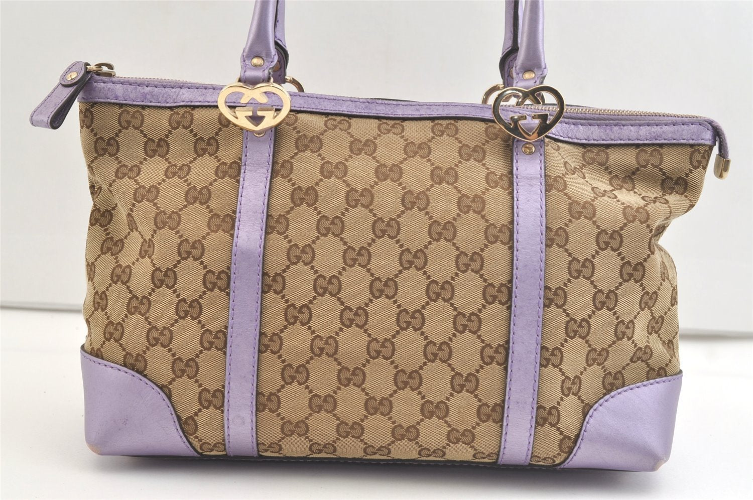 Authentic GUCCI Lovely Heart Hand Tote Bag GG Canvas Leather 257069 Brown 2796K