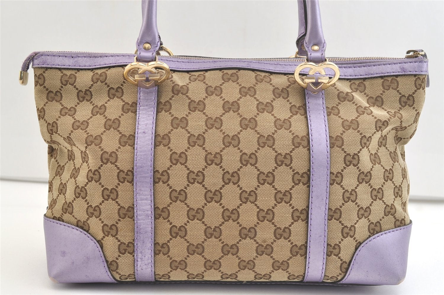 Authentic GUCCI Lovely Heart Hand Tote Bag GG Canvas Leather 257069 Brown 2796K