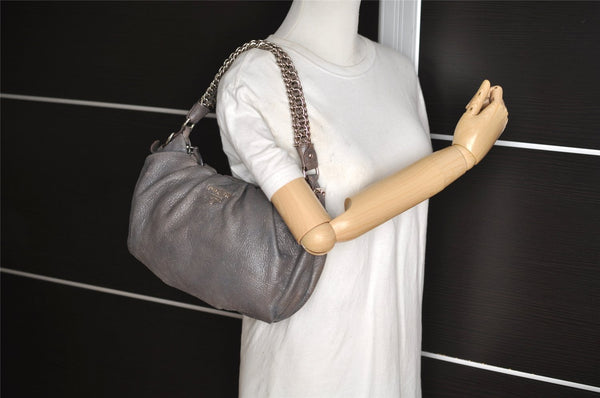 Authentic PRADA Vintage Leather Chain Shoulder Hand Bag Gray 2804I