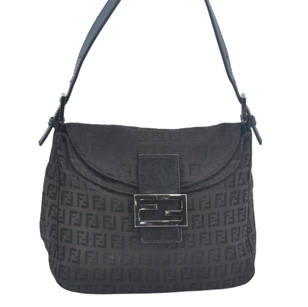 Authentic FENDI Zucchino Mamma Baguette Shoulder Bag Canvas Leather Brown 2809I