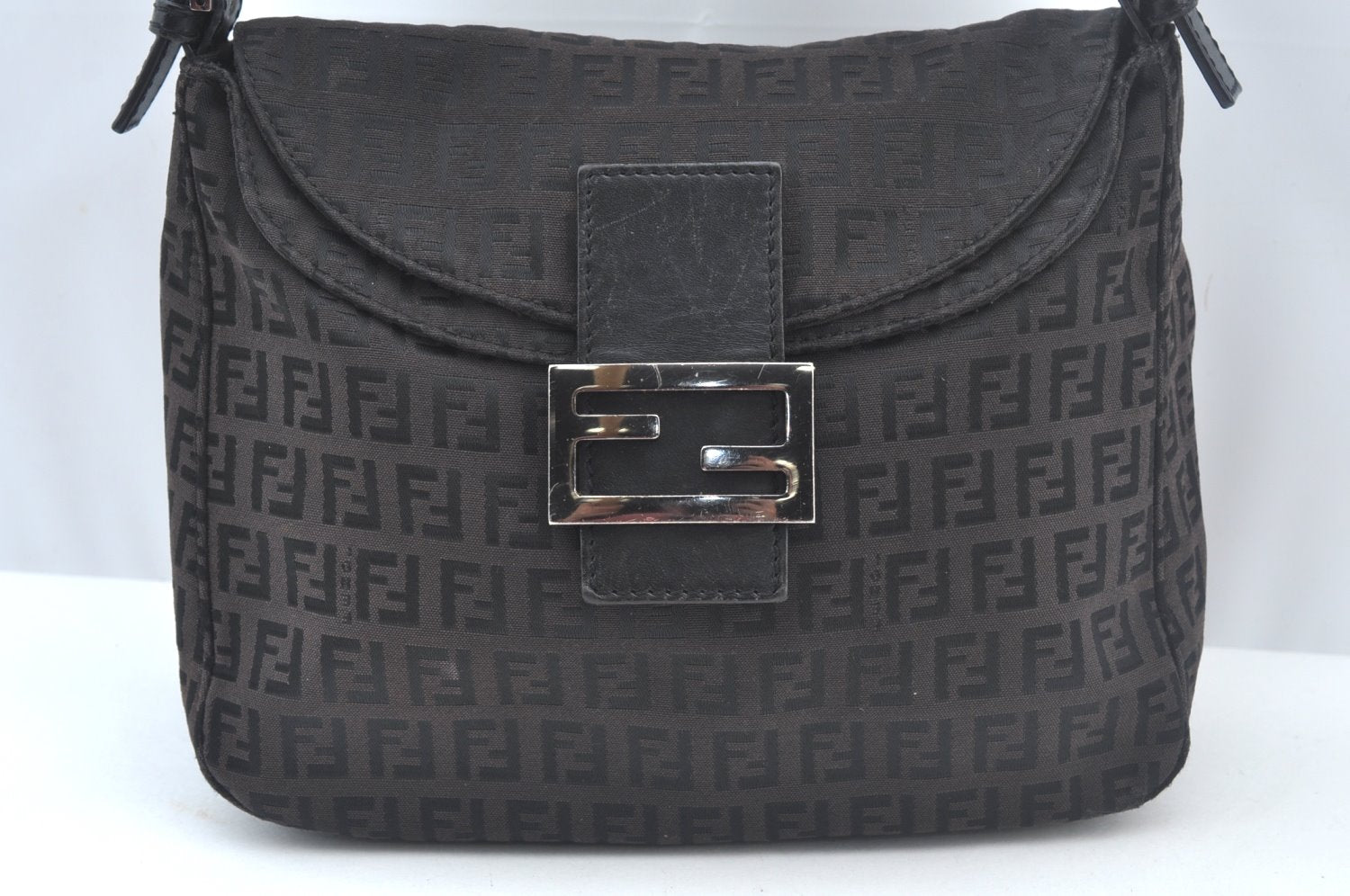 Authentic FENDI Zucchino Mamma Baguette Shoulder Bag Canvas Leather Brown 2809I