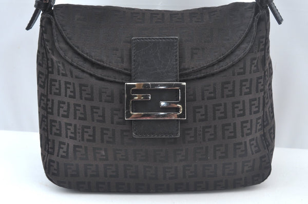Authentic FENDI Zucchino Mamma Baguette Shoulder Bag Canvas Leather Brown 2809I