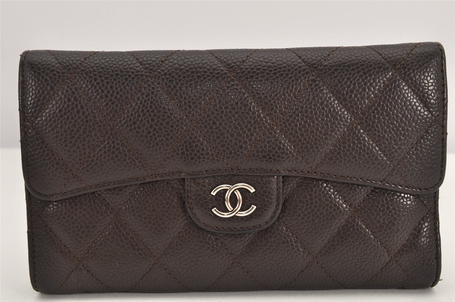 Authentic CHANEL Caviar Skin Matelasse Long Wallet Purse CC Logo Brown Box 2809K