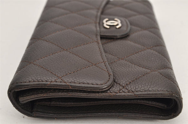 Authentic CHANEL Caviar Skin Matelasse Long Wallet Purse CC Logo Brown Box 2809K