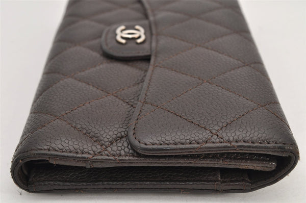 Authentic CHANEL Caviar Skin Matelasse Long Wallet Purse CC Logo Brown Box 2809K