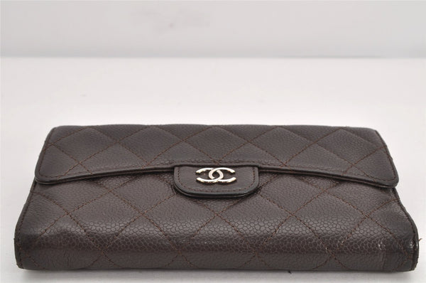 Authentic CHANEL Caviar Skin Matelasse Long Wallet Purse CC Logo Brown Box 2809K