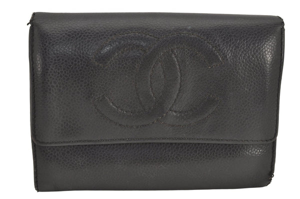 Authentic CHANEL Vintage Caviar Skin CC Logo Trifold Wallet Purse Black 2810K