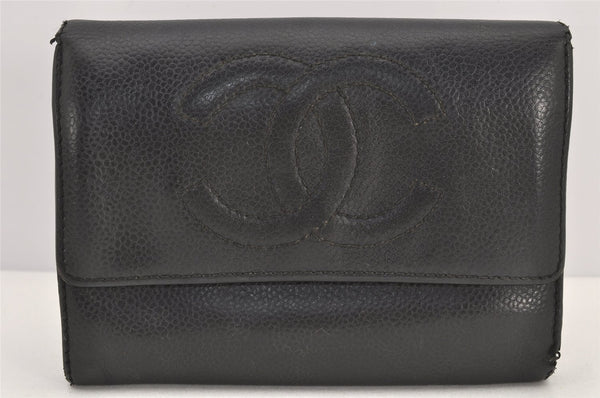 Authentic CHANEL Vintage Caviar Skin CC Logo Trifold Wallet Purse Black 2810K