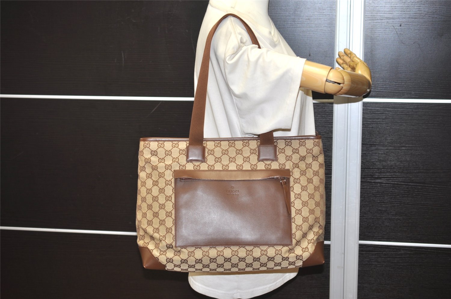 Authentic GUCCI Vintage Shoulder Tote Bag GG Canvas Leather 34339 Brown 2821J
