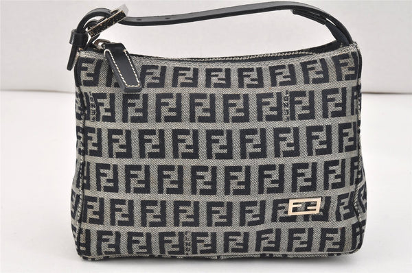 Authentic FENDI Zucchino Hand Bag Purse Canvas Leather Navy Blue Junk 2826K