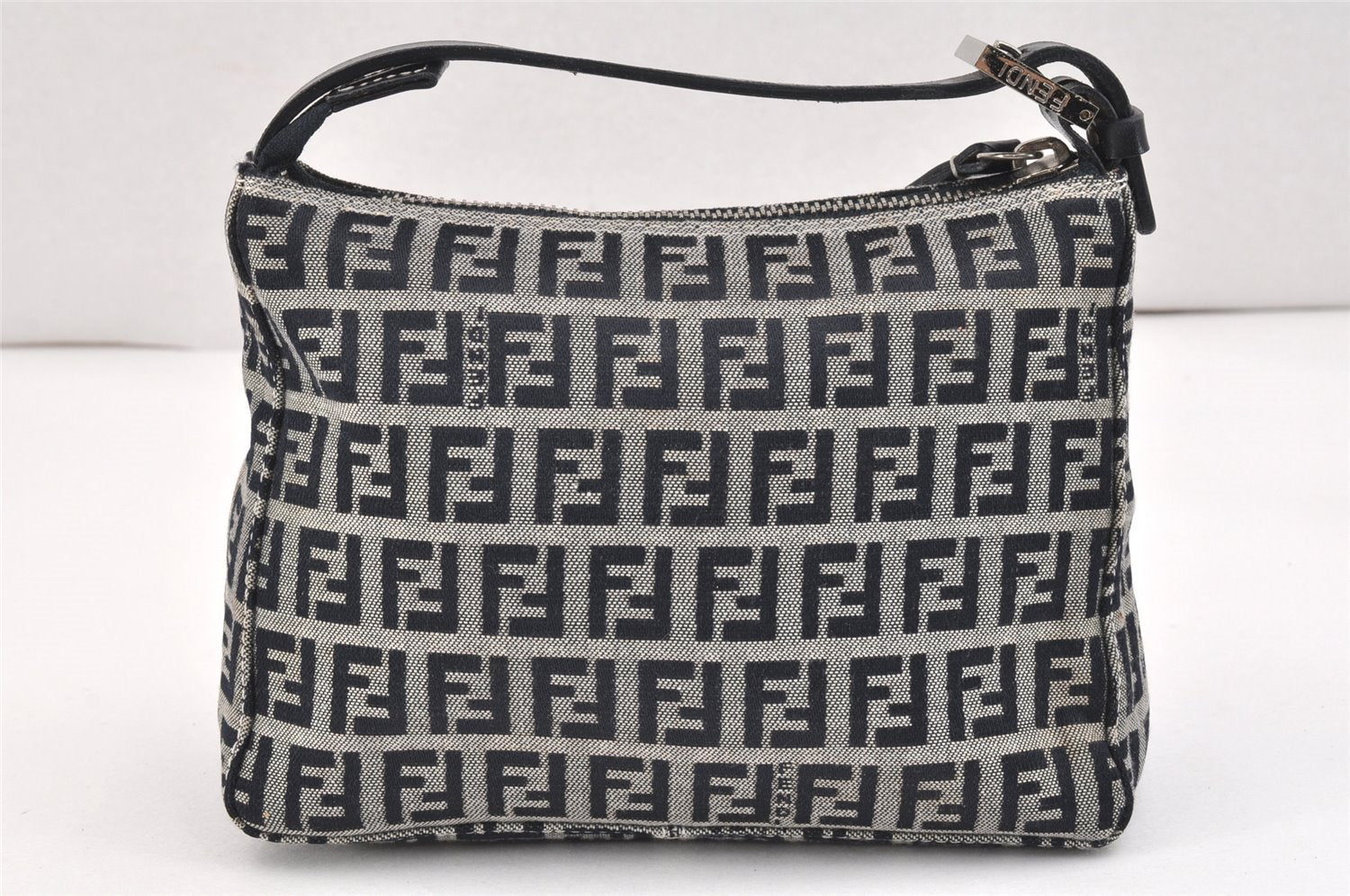 Authentic FENDI Zucchino Hand Bag Purse Canvas Leather Navy Blue Junk 2826K