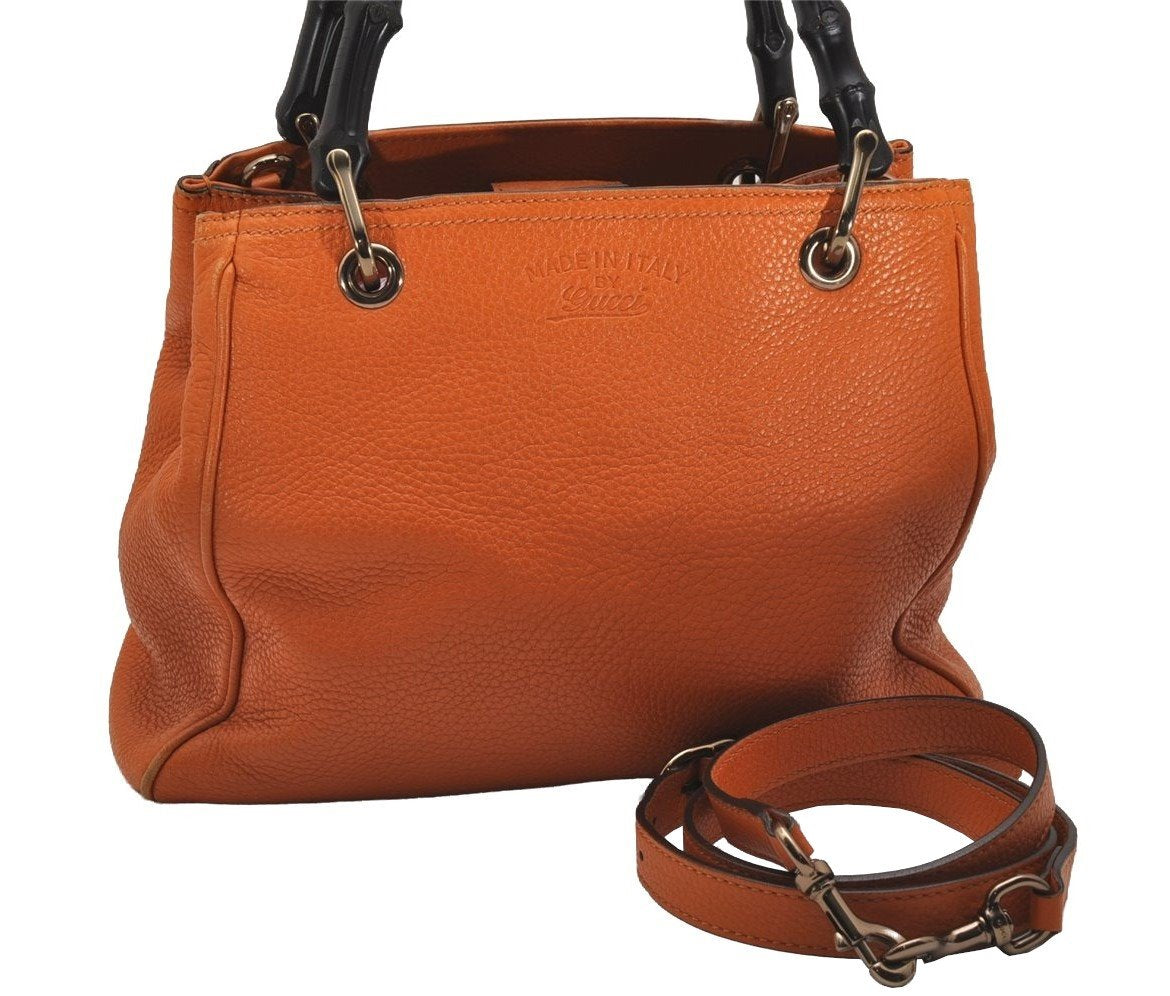 Authentic GUCCI Bamboo Shopper Small 2Way Hand Bag Leather 336032 Orange 2828J