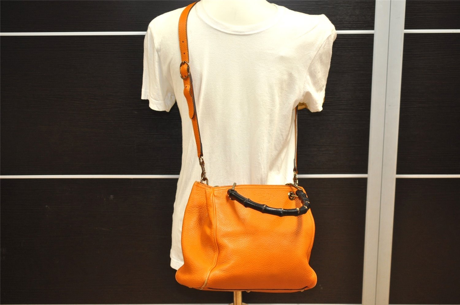 Authentic GUCCI Bamboo Shopper Small 2Way Hand Bag Leather 336032 Orange 2828J