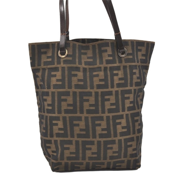 Authentic FENDI Zucca Hand Tote Bag Purse Canvas Leather Brown 2828K