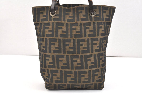 Authentic FENDI Zucca Hand Tote Bag Purse Canvas Leather Brown 2828K