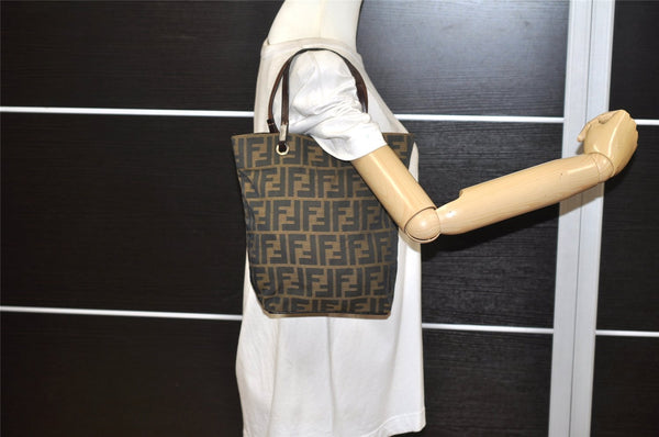 Authentic FENDI Zucca Hand Tote Bag Purse Canvas Leather Brown 2828K