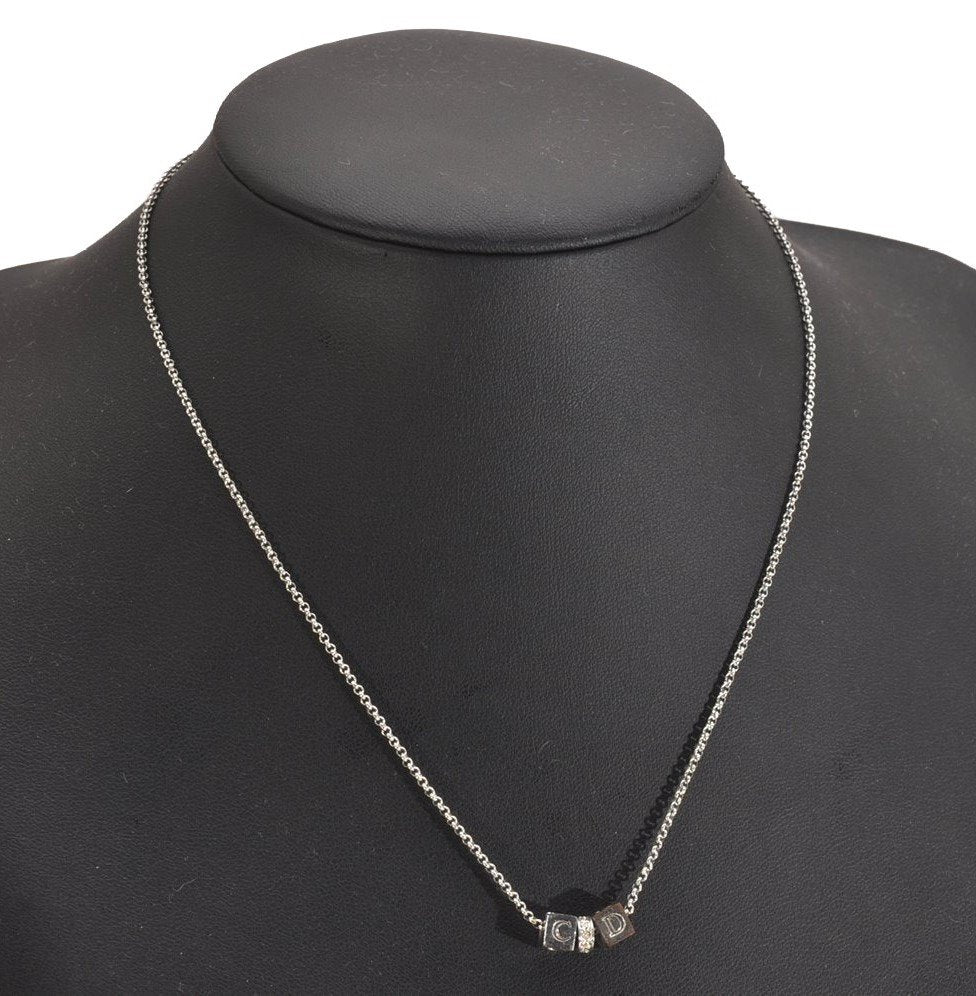 Authentic Christian Dior Silver Tone Chain Rhinestone Pendant Necklace CD 2830J