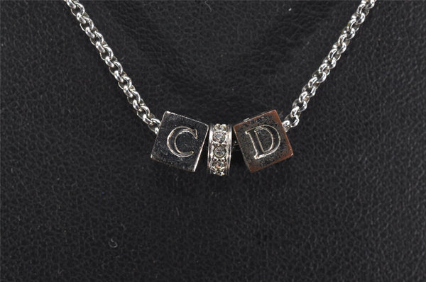 Authentic Christian Dior Silver Tone Chain Rhinestone Pendant Necklace CD 2830J