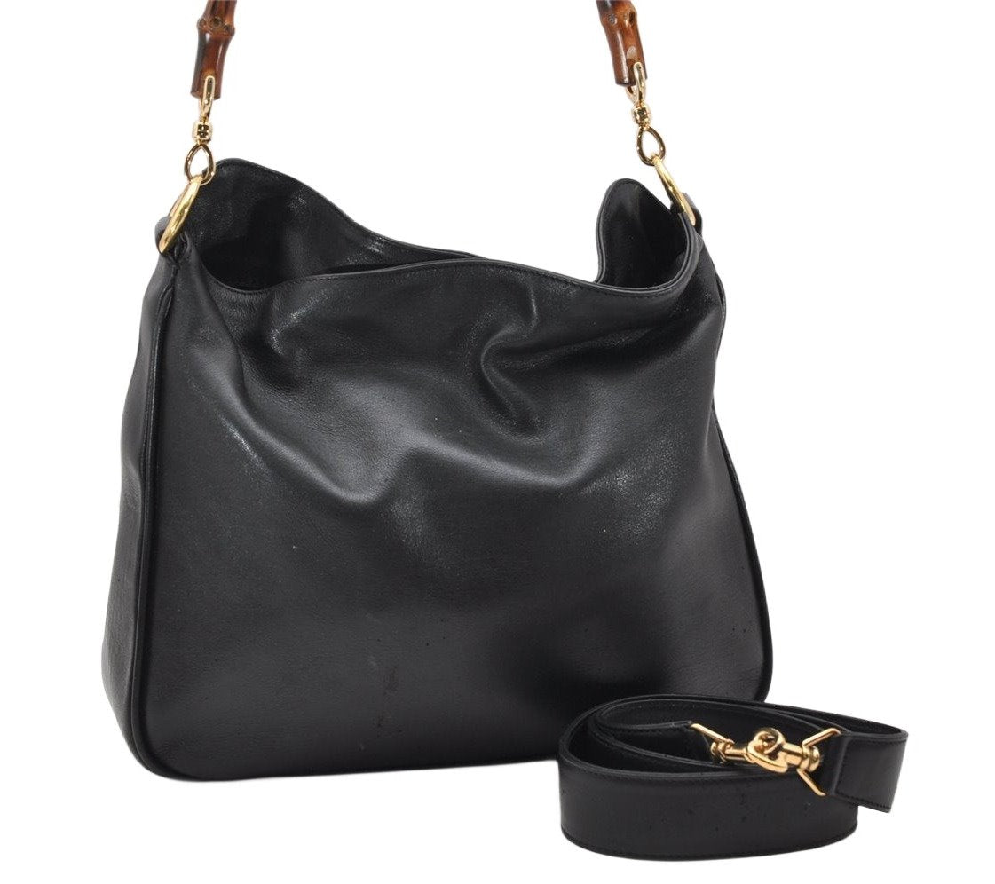 Authentic GUCCI Bamboo 2way Shoulder Bag Purse Leather Black Junk 2830K