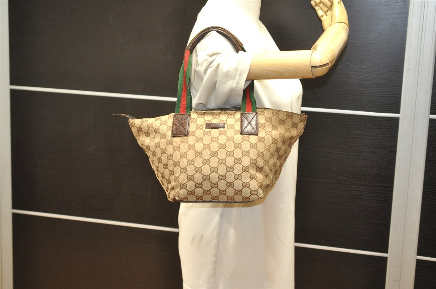 Authentic GUCCI Web Sherry Line Tote Bag GG Canvas Leather 131228 Brown 2836K