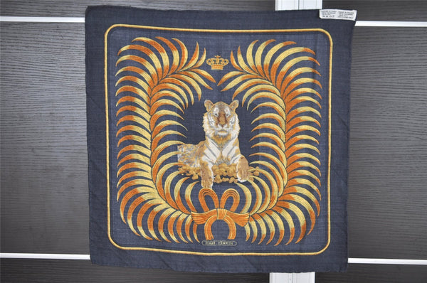 Authentic HERMES Petit Carre 40 Scarf "TIGRE ROYAL" Cashmere Silk Navy 2838I