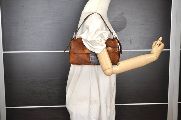 Authentic FENDI Mamma Baguette Shoulder Hand Bag Unborn Calf Leather Brown 2840I