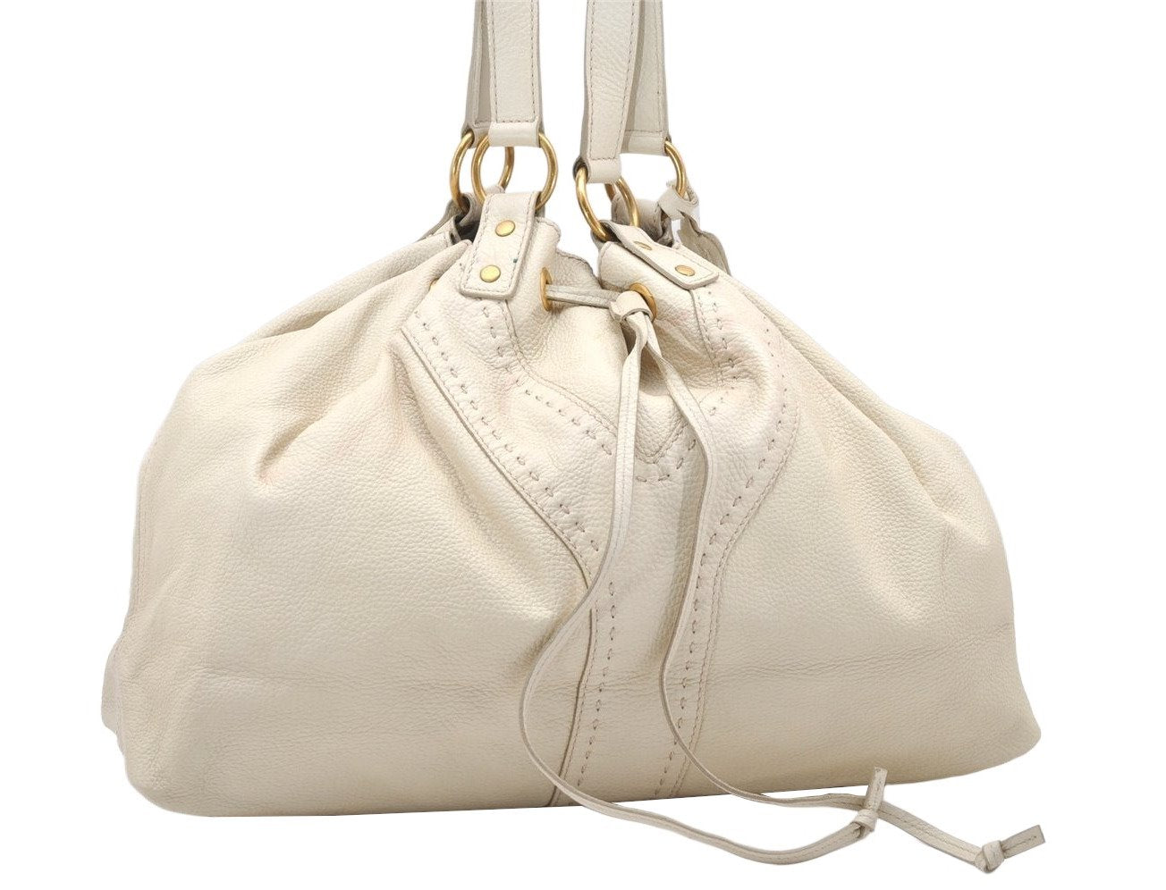 Authentic YVES SAINT LAURENT Sac Double Shoulder Bag Leather 168483 White 2840K