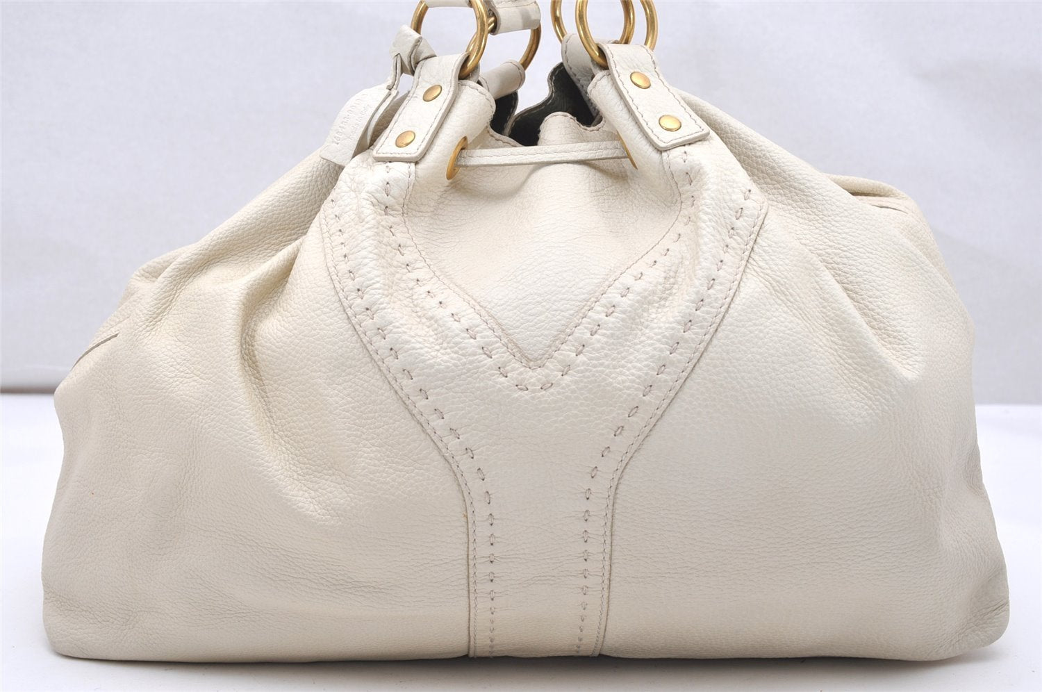 Authentic YVES SAINT LAURENT Sac Double Shoulder Bag Leather 168483 White 2840K