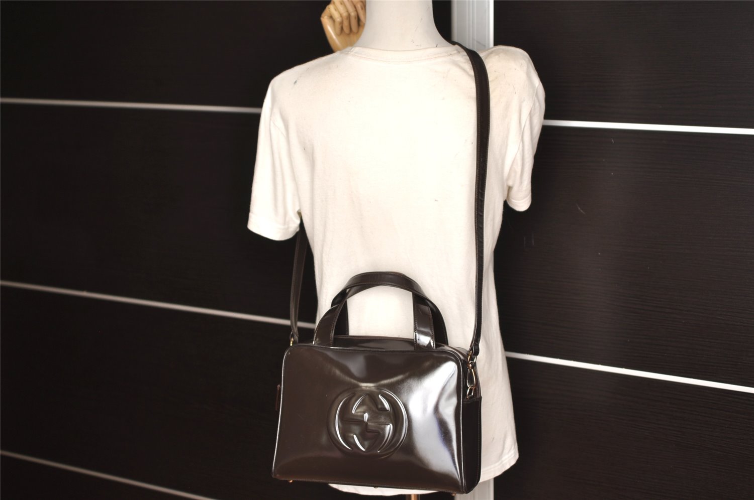 Authentic GUCCI Vintage 2Way Shoulder Hand Bag Purse Enamel Brown 2846K