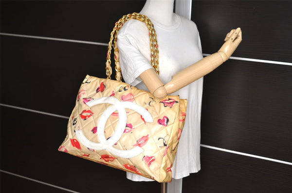 Authentic CHANEL PVC Matelasse Enamel CoCo Mark Chain Tote Bag Beige 2848I