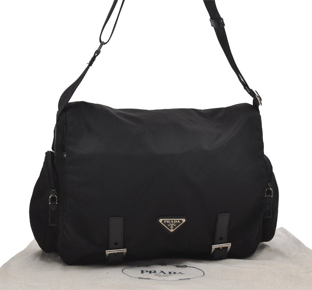Authentic PRADA Nylon Tessuto Leather Shoulder Cross Body Bag Black 2848J